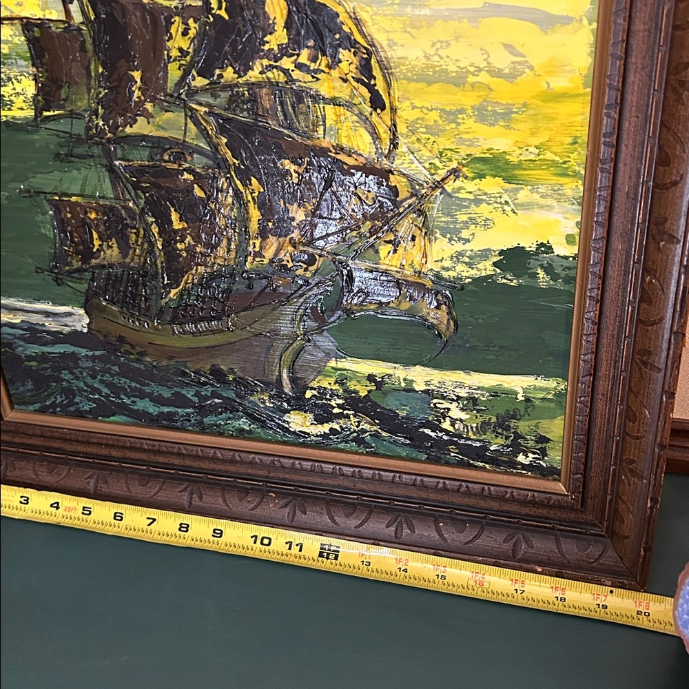 Ship painting on board green theme 
20x24 inch wood frame 
Excellent condition - Picture 6 of 7